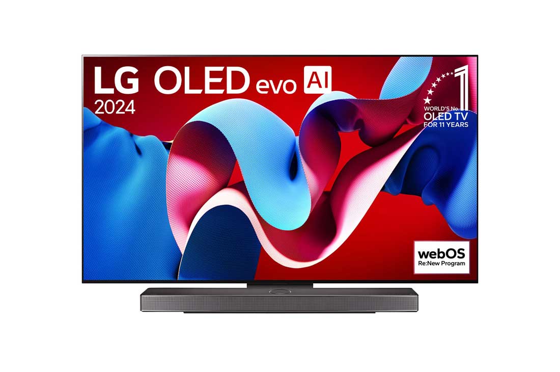 LG 65 collu LG OLED evo AI C4 4K viedtelevizors OLED65C4, Priekšējais skats ar LG OLED evo AI TV, OLED C4, 11 gadu pasaules Nr. 1 OLED TV emblēmas logotips un webOS Re:New Program logotips ekrānā, kā arī Soundbar apakšā, OLED65C42LA