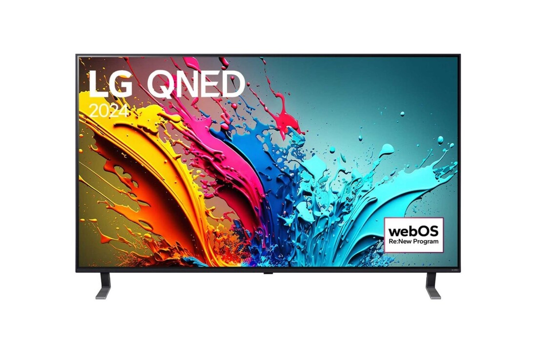 LG 55 collu LG QNED QNED85 4K Smart TV 2024, LG QNED TV, QNED85 priekšējais skats ar LG QNED, 2024 tekstu un webOS Re:New Program logotipu ekrānā, 55QNED85T3C