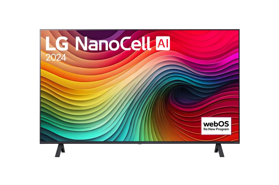 LG 43 collu LG NanoCell AI 4K viedtelevizors NANO81 WebOS24 2024, LG NanoCell TV, NANO81 priekšējais skats ar LG NanoCell, 2024 tekstu un webOS Re:New Program logotipu ekrānā, 43NANO81T3A