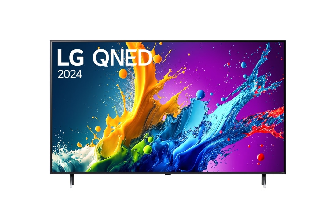 LG 50 collu LG QNED QNED80 4K Smart TV 2024, LG QNED TV, QNED80 priekšējais skats ar LG QNED, 2024 tekstu un webOS Re:New Program logotipu ekrānā, 50QNED80T3A