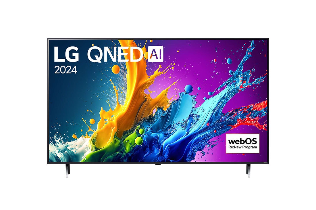 LG 50 collu LG QNED AI 4K viedtelevizors QNED80 WebOS24 2024, LG QNED TV, QNED80 priekšējais skats ar LG QNED, 2024 tekstu un webOS Re:New Program logotipu ekrānā, 50QNED80T3A