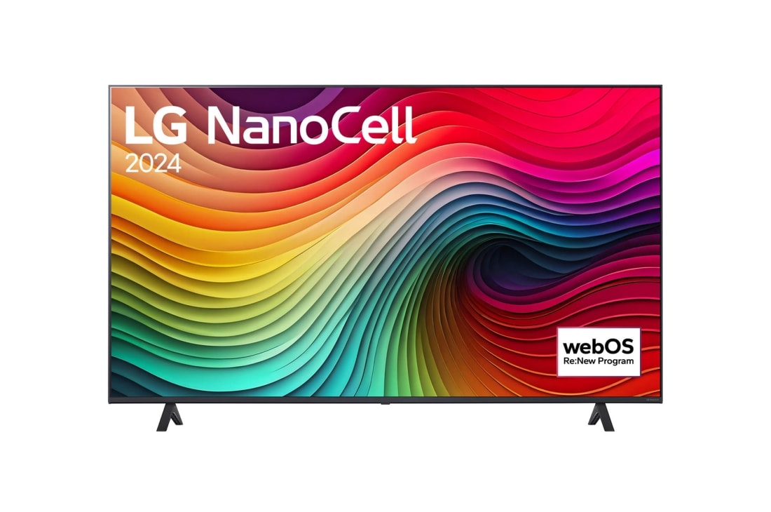 LG 65 collu LG NanoCell NANO81 4K Smart TV 2024, LG NanoCell TV, NANO81 priekšējais skats ar LG NanoCell, 2024 tekstu un webOS Re:New Program logotipu ekrānā, 65NANO81T3A
