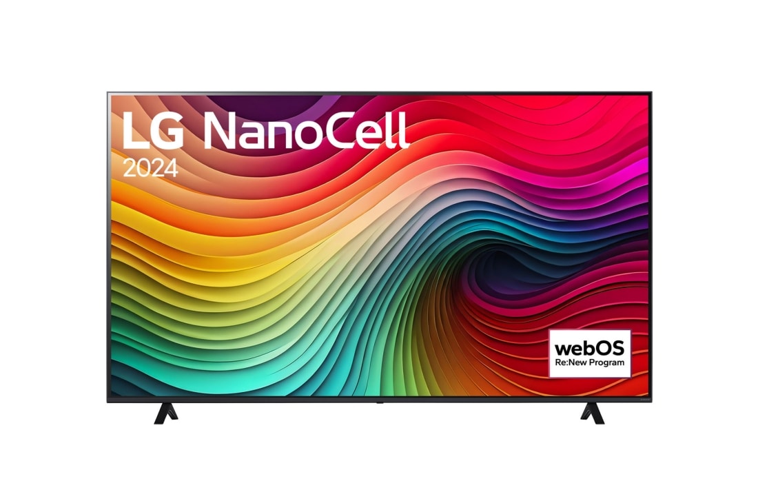 LG 75 collu LG NanoCell NANO81 4K Smart TV 2024, LG NanoCell TV, NANO81 priekšējais skats ar LG NanoCell, 2024 tekstu un webOS Re:New Program logotipu ekrānā, 75NANO81T3A