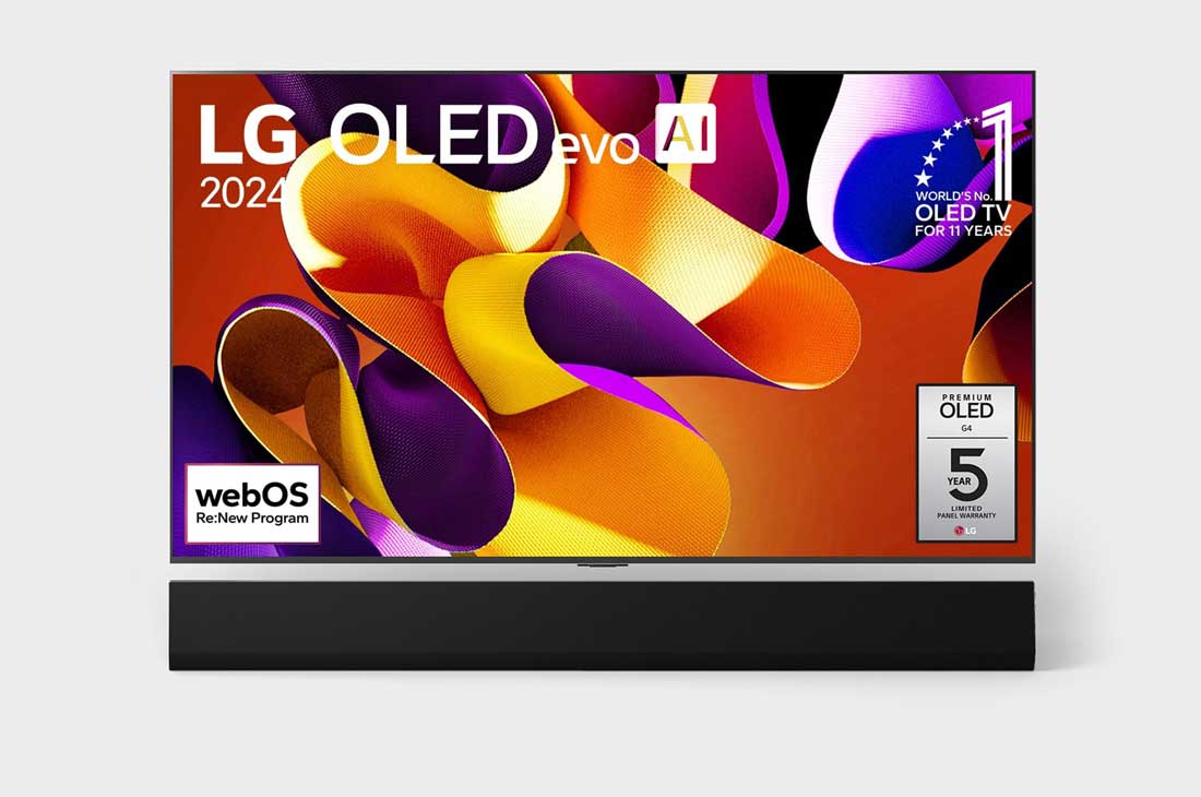 LG 55 collu LG OLED evo AI G4 4K viedtelevizors OLED55G4, Priekšējais skats ar LG OLED evo AI TV, OLED G4, 11 gadu pasaules Nr. 1 OLED TV emblēma un webOS Re:New Program logotips ekrānā, kā arī Soundbar apakšā, OLED55G42LW