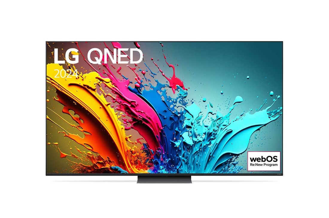 LG 75 collu LG QNED QNED87 4K Smart TV 2024, LG QNED TV, QNED85 priekšējais skats ar LG QNED, 2024 tekstu un webOS Re:New Program logotipu ekrānā, 75QNED87T3B