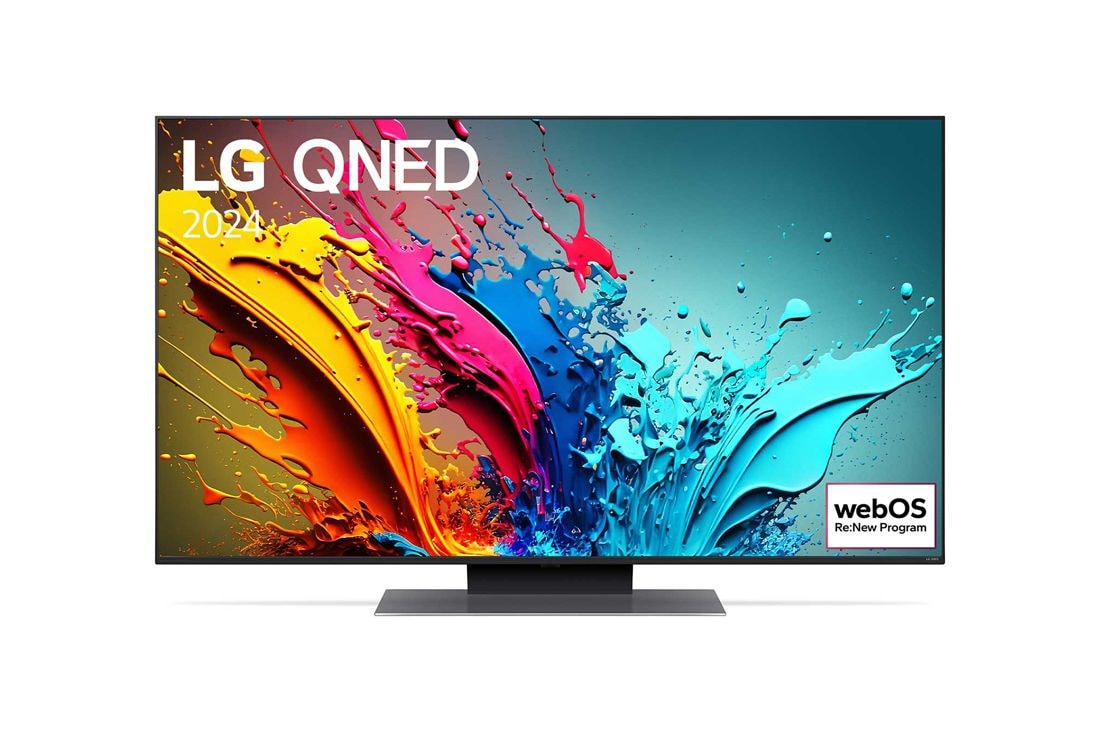 LG 50 collu LG QNED QNED87 4K Smart TV 2024, LG QNED TV, QNED85 priekšējais skats ar LG QNED, 2024 tekstu un webOS Re:New Program logotipu ekrānā, 50QNED87T3B