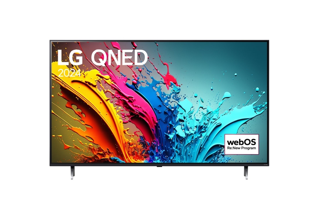 LG 75 collu LG QNED QNED86 4K Smart TV 2024, LG QNED TV, QNED85 priekšējais skats ar LG QNED, 2024 tekstu un webOS Re:New Program logotipu ekrānā, 75QNED86T3A