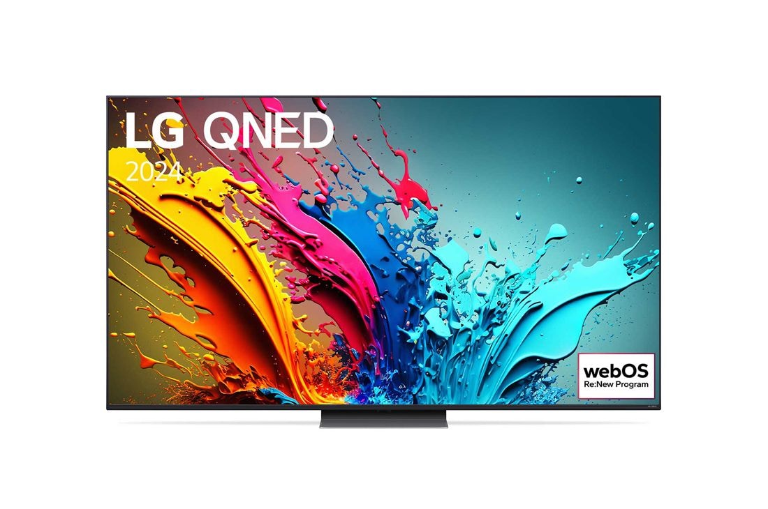 LG 86 collu LG QNED QNED86 4K Smart TV 2024, LG QNED TV, QNED85 priekšējais skats ar LG QNED, 2024 tekstu un webOS Re:New Program logotipu ekrānā, 86QNED86T3A