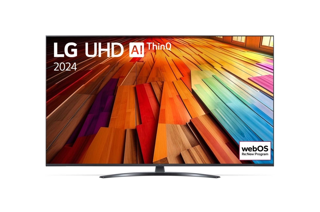 LG 55 collu LG UHD UT81 4K Smart TV 55UT81, LG UHD TV, UT80 priekšējais skats ar LG UHD AI ThinQ, 2024 tekstu un webOS Re:New Program logotipu ekrānā, 55UT81003LA