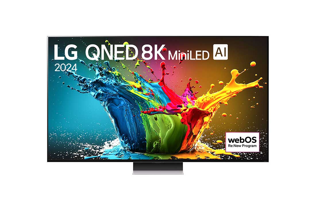 LG 75 collu LG QNED MiniLED AI 8K viedtelevizors QNED99 WebOS24 2024, LG QNED TV, QNED99 priekšējais skats ar LG QNED 8K MiniLED, 2025 tekstu un webOS Re:New Program logotipu ekrānā, 75QNED99T9B