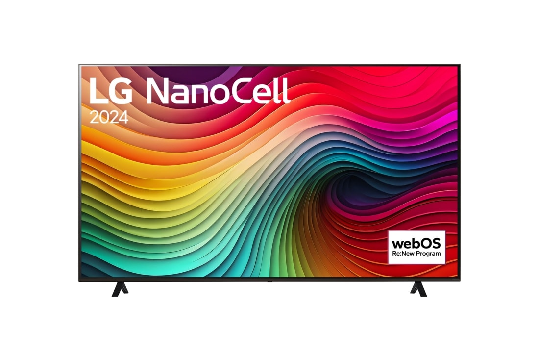 LG 75 collu LG NanoCell NANO82 4K Smart TV 2024, LG NanoCell TV, NANO81 priekšējais skats ar LG NanoCell, 2024 tekstu un webOS Re:New Program logotipu ekrānā, 75NANO82T3B