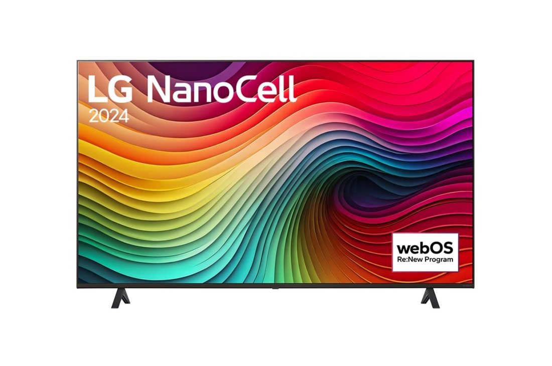 LG 55 collu LG NanoCell NANO82 4K Smart TV 2024, LG NanoCell TV, NANO81 priekšējais skats ar LG NanoCell, 2024 tekstu un webOS Re:New Program logotipu ekrānā, 55NANO82T3B