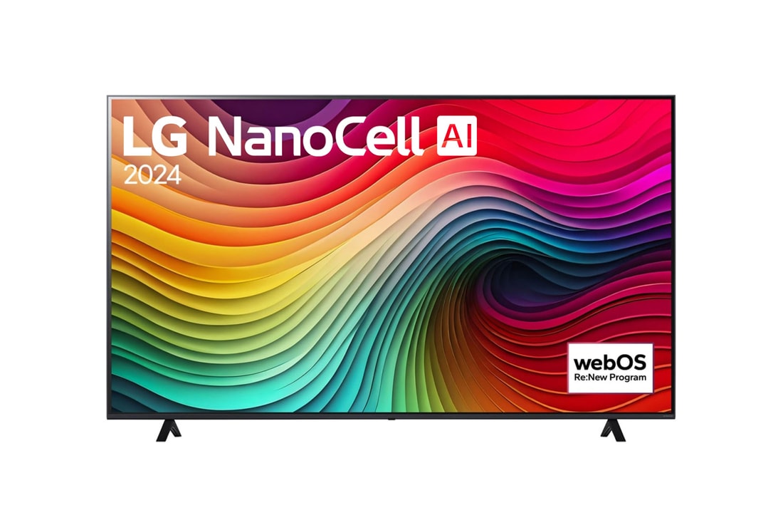 LG 86 collu LG NanoCell AI 4K viedtelevizors NANO81 WebOS24 2024, LG NanoCell TV, NANO81 priekšējais skats ar LG NanoCell, 2024 tekstu un webOS Re:New Program logotipu ekrānā, 86NANO81T3A