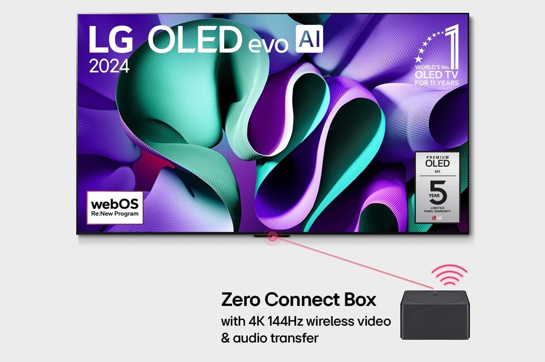 LG 77 collu LG OLED evo M4 4K Smart TV 2024, Skats no priekšpuses ar LG OLED evo TV, OLED M4, 11 gadi pasaulē vadošā OLED emblēma, webOS Re:New Program logotips, 5 gadu paneļa garantijas logotips uz ekrāna un Zero Connect Box ar 4K 144Hz bezvadu, OLED77M49LA