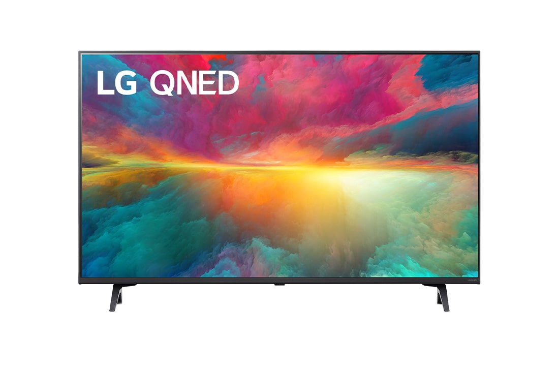 LG 43 collu LG QNED QNED77 4K Smart TV 43QNED77, LG 43 collu LG QNED QNED75 4K Smart TV 43QNED75, Skats no priekšpuses uz LG QNED televizoru ar aizpildošo attēlu un produkta logotipu, 43QNED753RA, 43QNED773RB