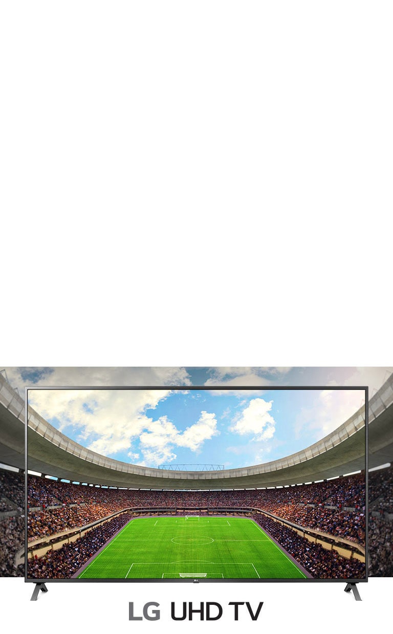 Une vue panoramique d'un stade de football rempli de spectateurs présentée dans un cadre télévisuel.