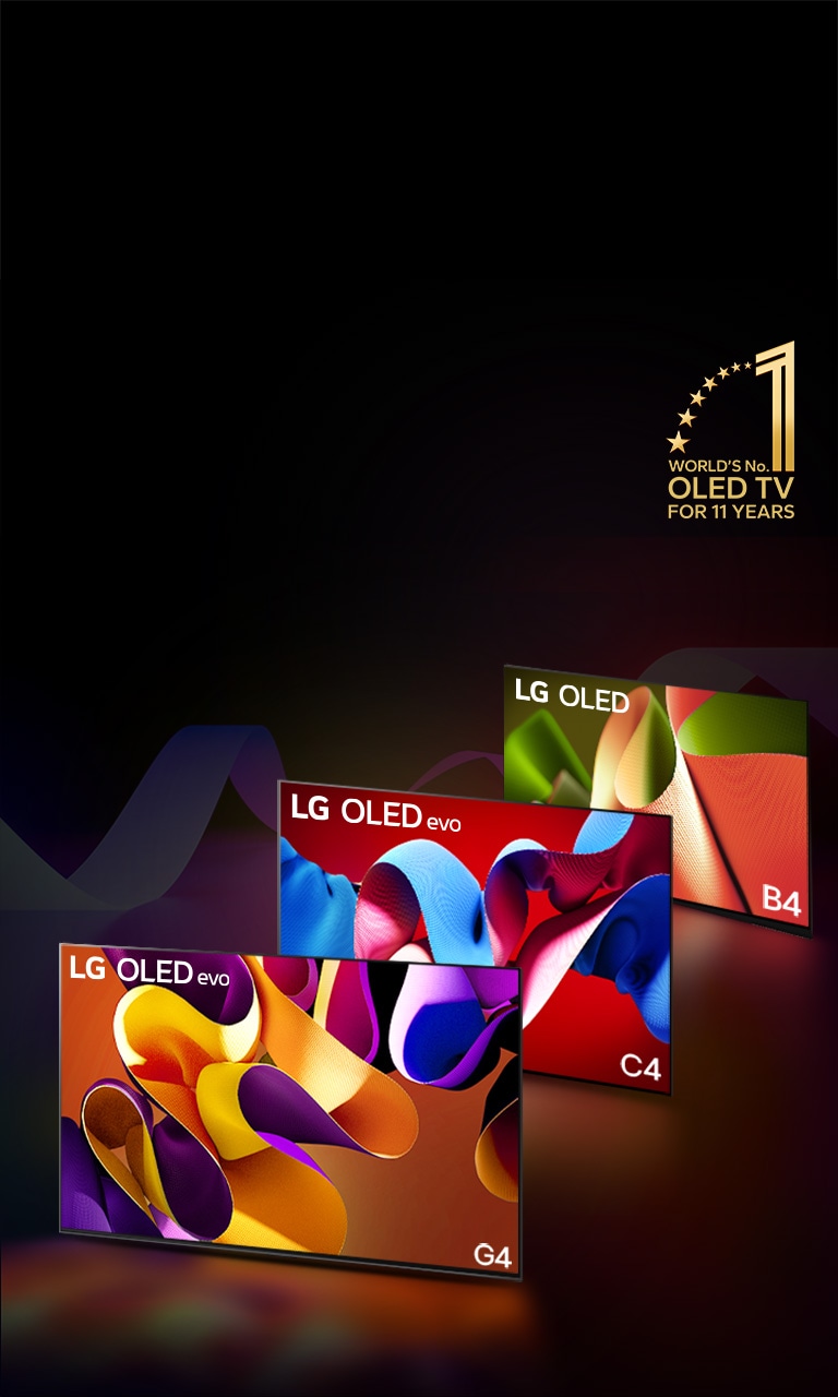 PC : LG OLED evo G4, LG OLED evo C4 et LG OLED B4 côte à côte, chacune affichant à l'écran une œuvre d'art abstraite de couleur différente. La lumière est projetée de chaque télé vers le sol. Un emblème doré représentant le numéro 1 mondial des téléviseurs OLED depuis 11 ans se trouve dans le coin supérieur droit.  MO : LG OLED evo G4, LG OLED evo C4 et LG OLED B4 en alignement, chacune affichant à l'écran une œuvre d'art abstraite de couleur différente. La lumière est projetée de chaque télé vers le sol. Un emblème doré représentant le numéro 1 mondial des téléviseurs OLED depuis 11 ans se trouve dans le coin supérieur droit.