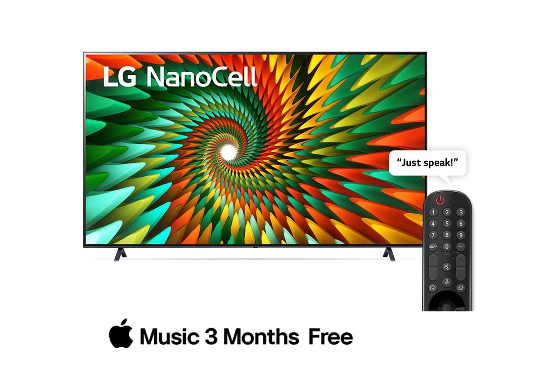 LG Smart TV LG Nanocell 77 I 65 pouces I 4k Processeur IA α7 Gen6 I ThinQ AI  I Magic Remote, HDR, WebOS, Vue avant du téléviseur NanoCell de LG, 65NANO776RA