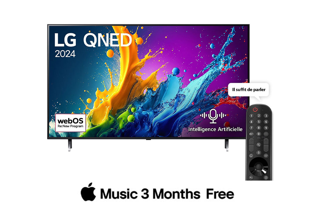 LG Smart TV  LG QNED QNED80 4K, 55 pouces, Télécommande Magique IA HDR10 webOS24 2024, Vue de face du téléviseur LG QNED, QNED80 avec le texte LG QNED, 2024, et le logo webOS Re:New Program à l'écran, 55QNED80T6B