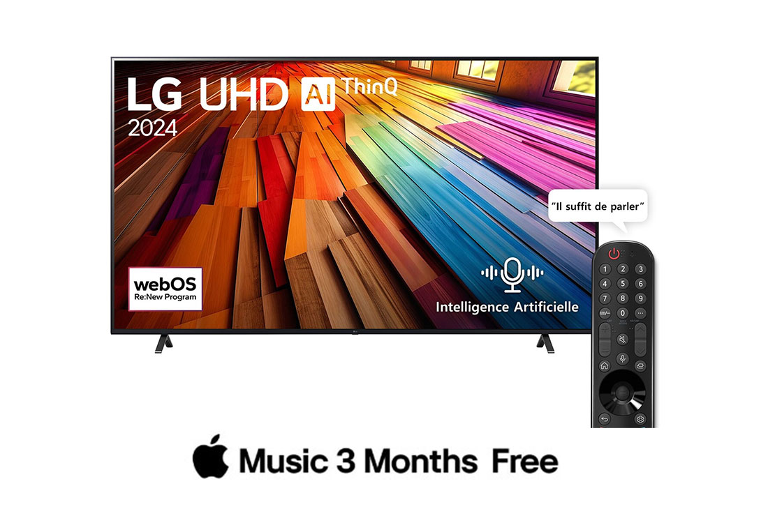LG Smart TV  LG UHD UT80 4K, 75 pouces, Télécommande Magique IA HDR10 webOS24 20240, Vue de face du téléviseur LG UHD, UT80 avec le texte LG UHD AI ThinQ, 2024 et le logo webOS Re:New Program à l’écran., 75UT80006LA