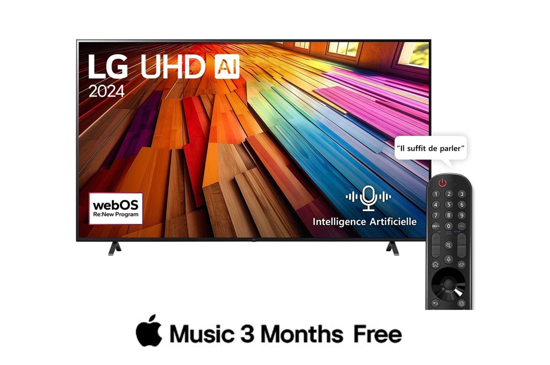 LG Smart TV  LG UHD AI UT80 4K, 65 pouces, Télécommande Magique IA HDR10 webOS24 2024, Vue de face du téléviseur LG UHD, UT80 avec le texte LG UHD AI ThinQ, 2024 et le logo webOS Re:New Program à l’écran., 65UT80006LA