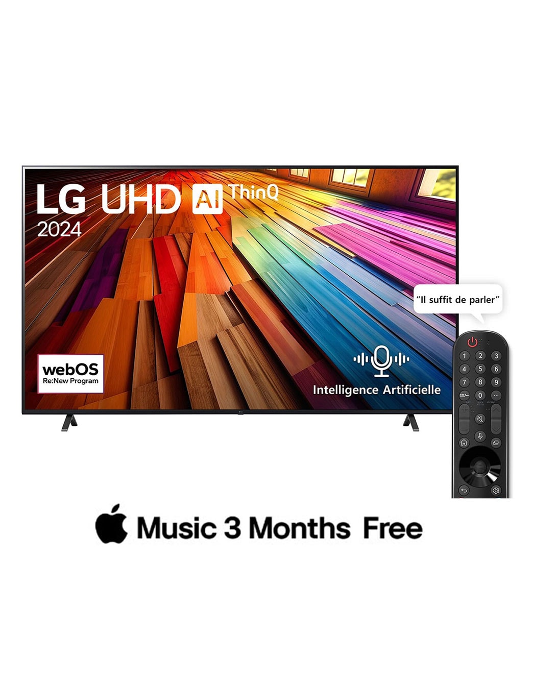 LG Smart TV  LG UHD UT80 4K, 65 pouces, Télécommande Magique IA HDR10 webOS24 2024, Vue de face du téléviseur LG UHD, UT80 avec le texte LG UHD AI ThinQ, 2024 et le logo webOS Re:New Program à l’écran., 65UT80006LA