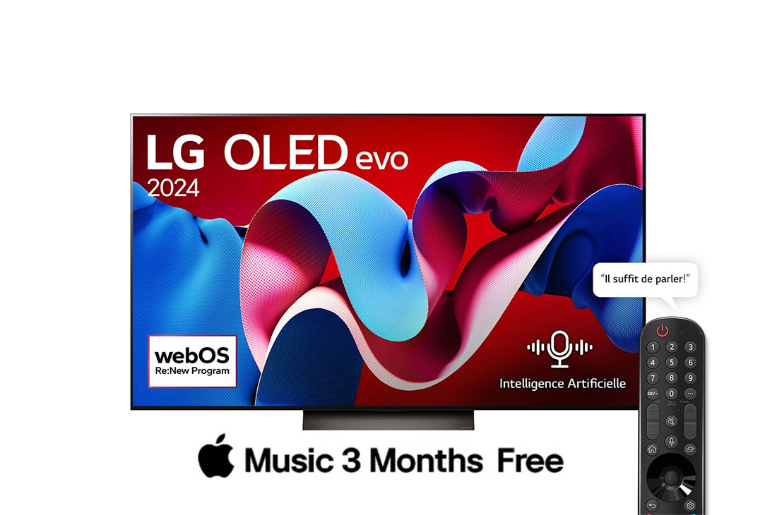 LG Smart TV  LG OLED evo C4 4K, 77 pouces, Télécommande Magique IA Dolby Vision webOS24 2024, Vue de face avec LG OLED evo TV TV, OLED C4, l'emblème du numéro 1 mondial de l'OLED depuis 11 ans et le logo webOS Re:New Program à l'écran, ainsi que la barre de son en dessous., OLED77C46LA