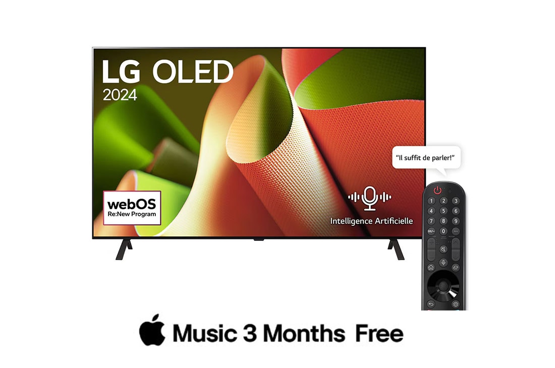 LG Smart TV  LG OLED evo B4 4K, 77 pouces, Télécommande Magique IA Dolby Vision webOS24 2024, Vue de face avec le téléviseur LG OLED TV, l’OLED B4, l'emblème du numéro 1 mondial de l'OLED depuis 11 ans et le logo webOS Re:New Program à l'écran avec support à 2 pôles, OLED77B46LA