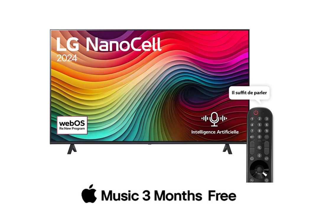 LG Smart TV  LG NanoCell NANO80 4K, 65 pouces, Télécommande Magique IA HDR10 webOS24 2024, Vue de face du téléviseur LG NanoCell, NANO80 avec le texte LG NanoCell, 2024, et le logo webOS Re:New Program à l'écran, 65NANO80T6A