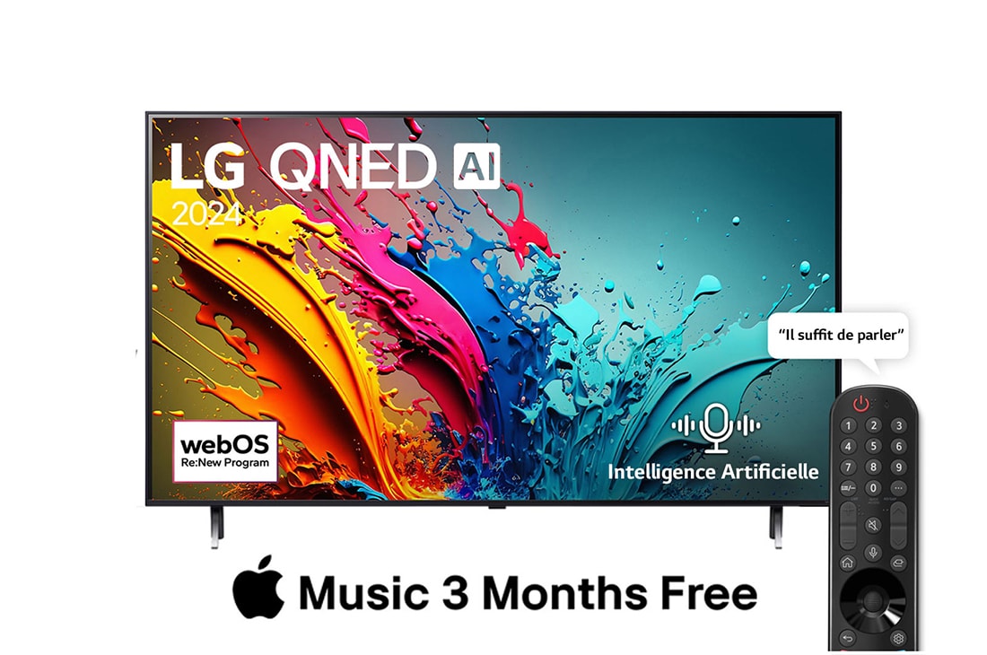 LG Smart TV LG QNED AI QNED86 4K, 86 pouces, Télécommande Magique IA HDR10 webOS24 2024, Vue de face du téléviseur LG QNED, QNED85 avec le texte LG QNED, 2024, et le logo webOS Re:New Program à l'écran, 86QNED86T6A