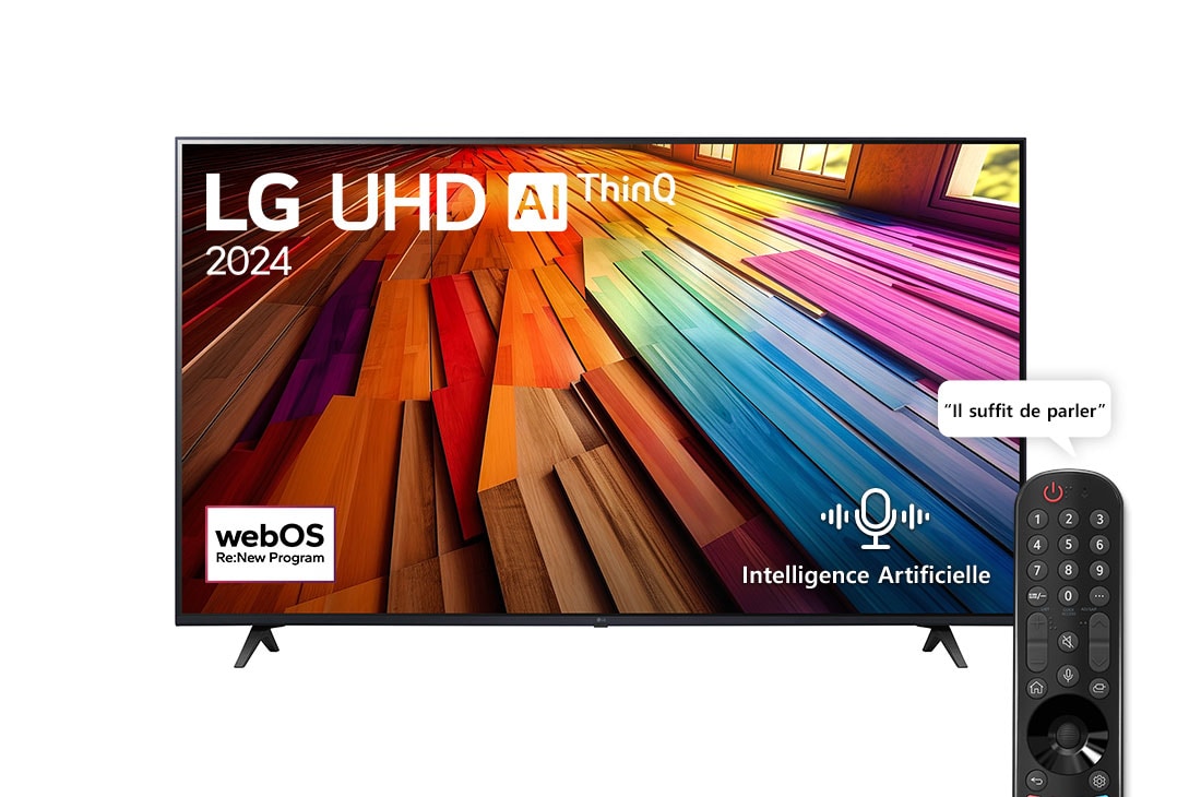 LG 50 pouces LG UHD UT80 4K Smart TV 50UT90, Vue de face du téléviseur LG UHD, UT80 avec le texte LG UHD AI ThinQ, 2024 et le logo webOS Re:New Program à l’écran., 50UT80006LB