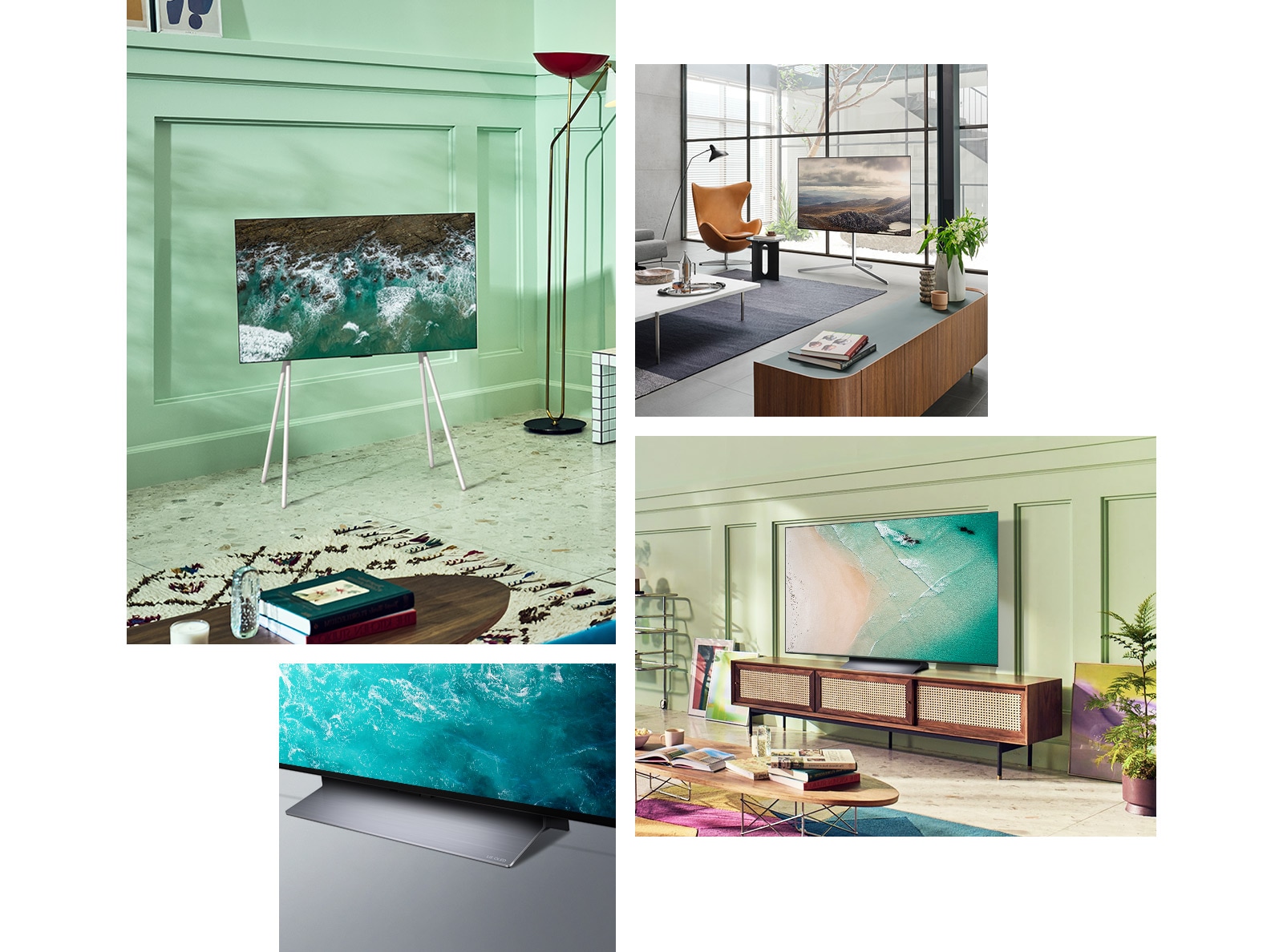 An LG OLED C2 with Floor Stand is in the corner of a mint-colored room. An LG OLED C2 with Gallery Stand sits in front of a large window in a modern room. An LG OLED C2 sits on a vintage TV cabinet in a lime green room with colorful art and furnishings. A close-up angled view of LG OLED C2's base.