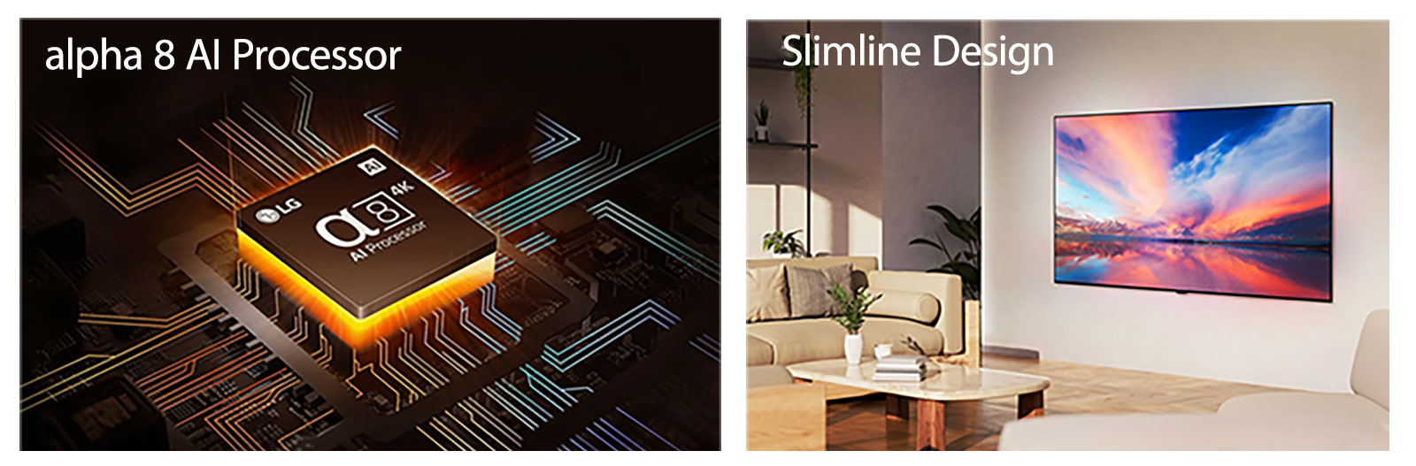 LG's alpha 8 AI Processor on top of a motherboard, emitting orange bolts of light. OLED TV with the OLED Care menu is selected in the support menu that is up on the screen. The slimline design in a side of view as it is placed flat against the wall in a modern living space.