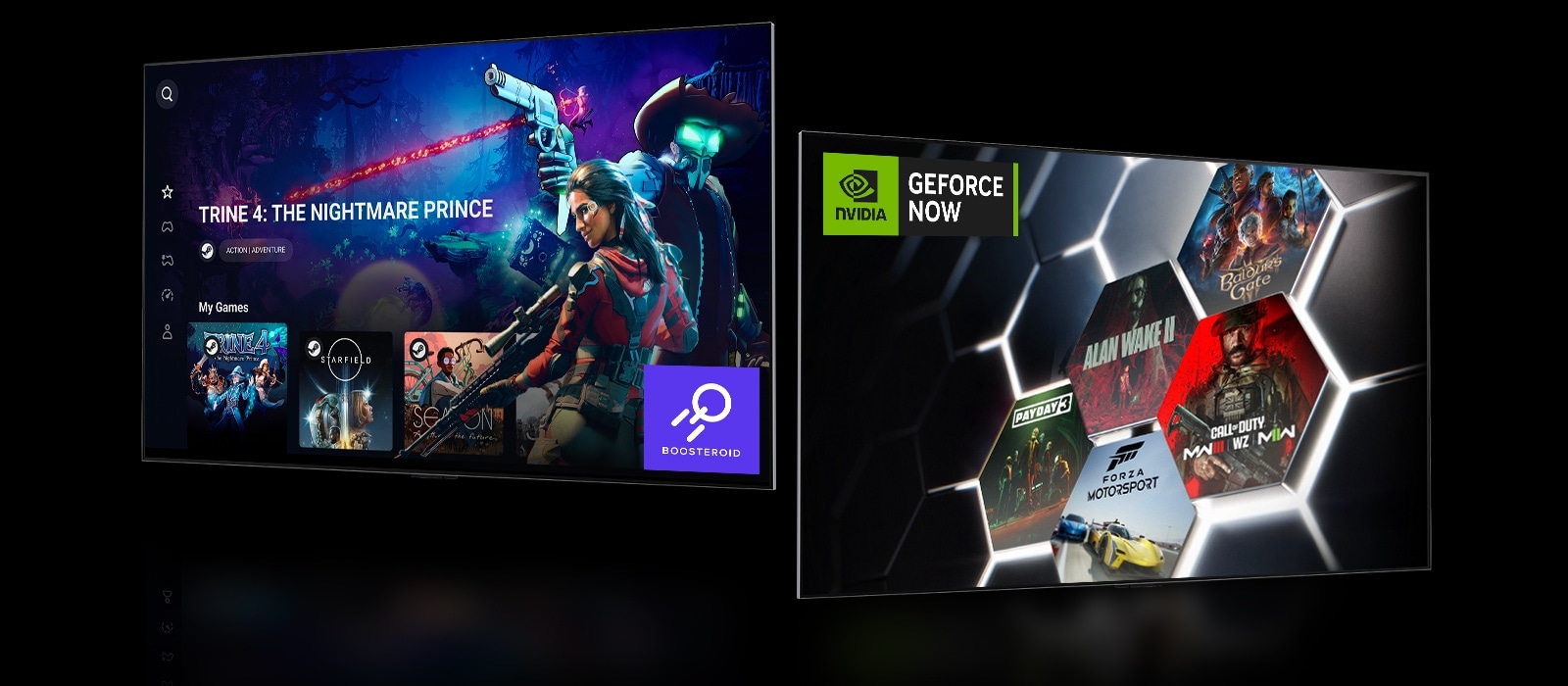An image of the Boosteroid home screen showing "Trine 4: The Nightmare Price" and another image of GeForce NOW home screen showing five different game thumbnails.