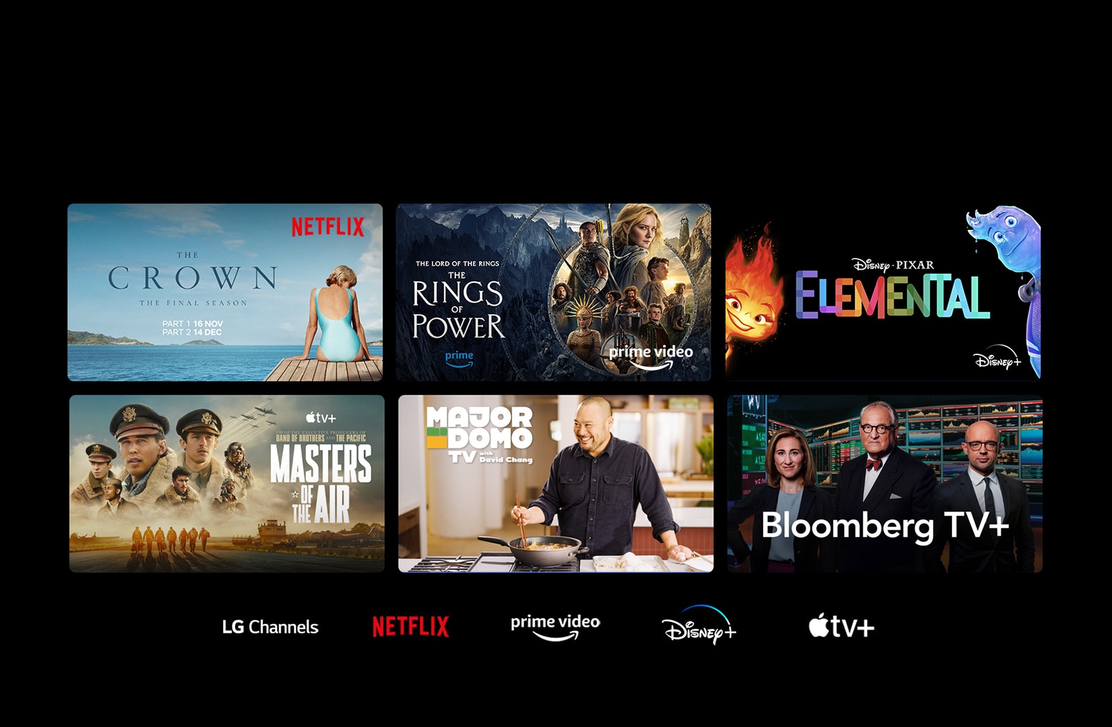 Six thumbnails of movies and TV shows are displayed and the logos of LG Channels, Netflix, Prime Video, Disney+, and Apple TV+ are below.