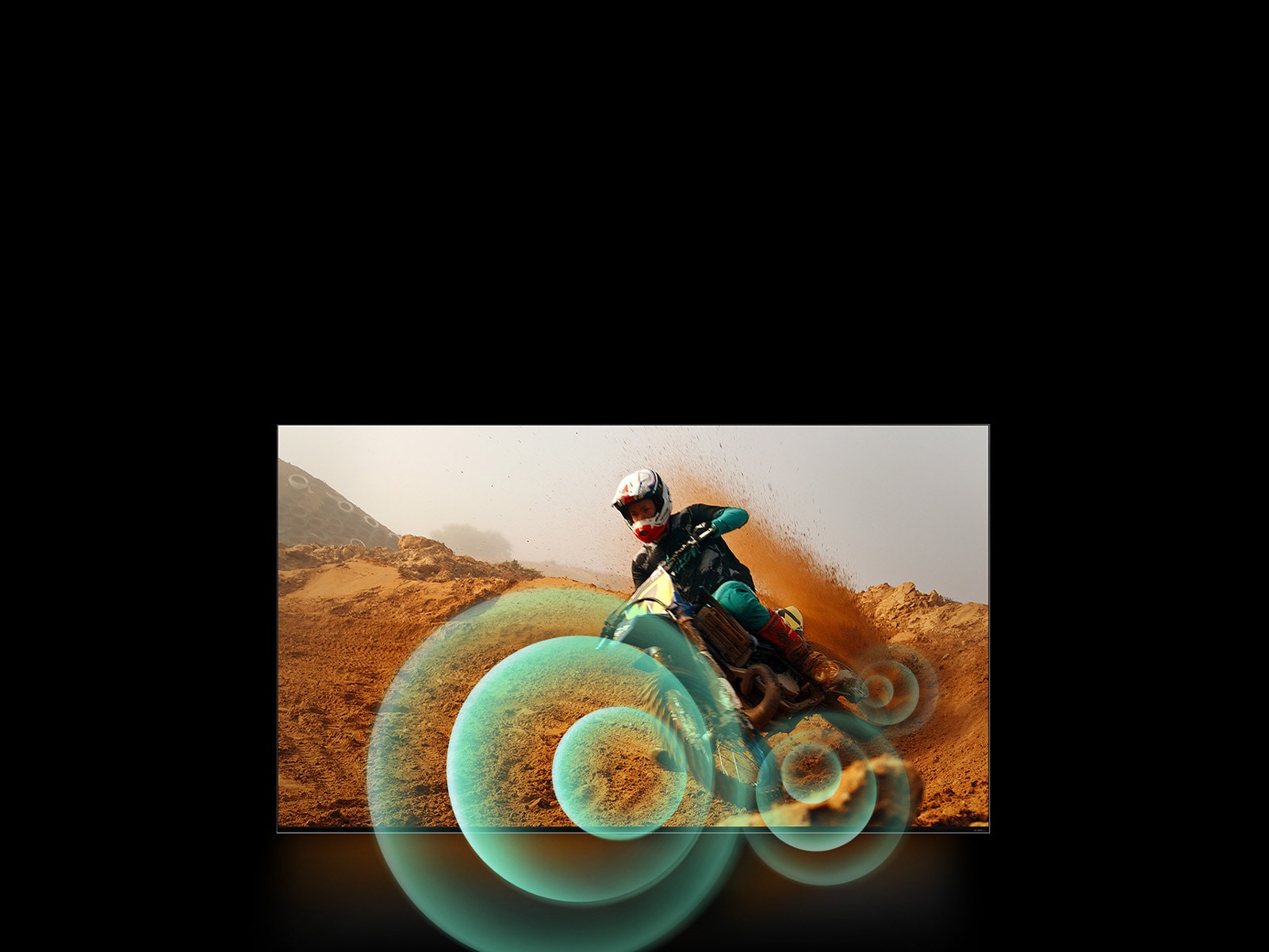 An image of a man riding a motorbike on a dirt track with bright circle graphics around the motorbike.