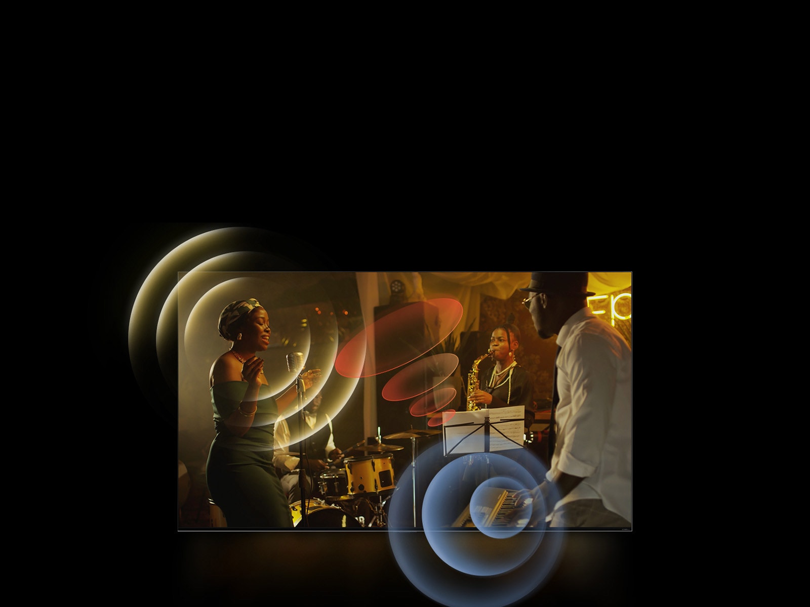 An image of an LG TV showing musicians performing, with bright circle graphics around the space. 