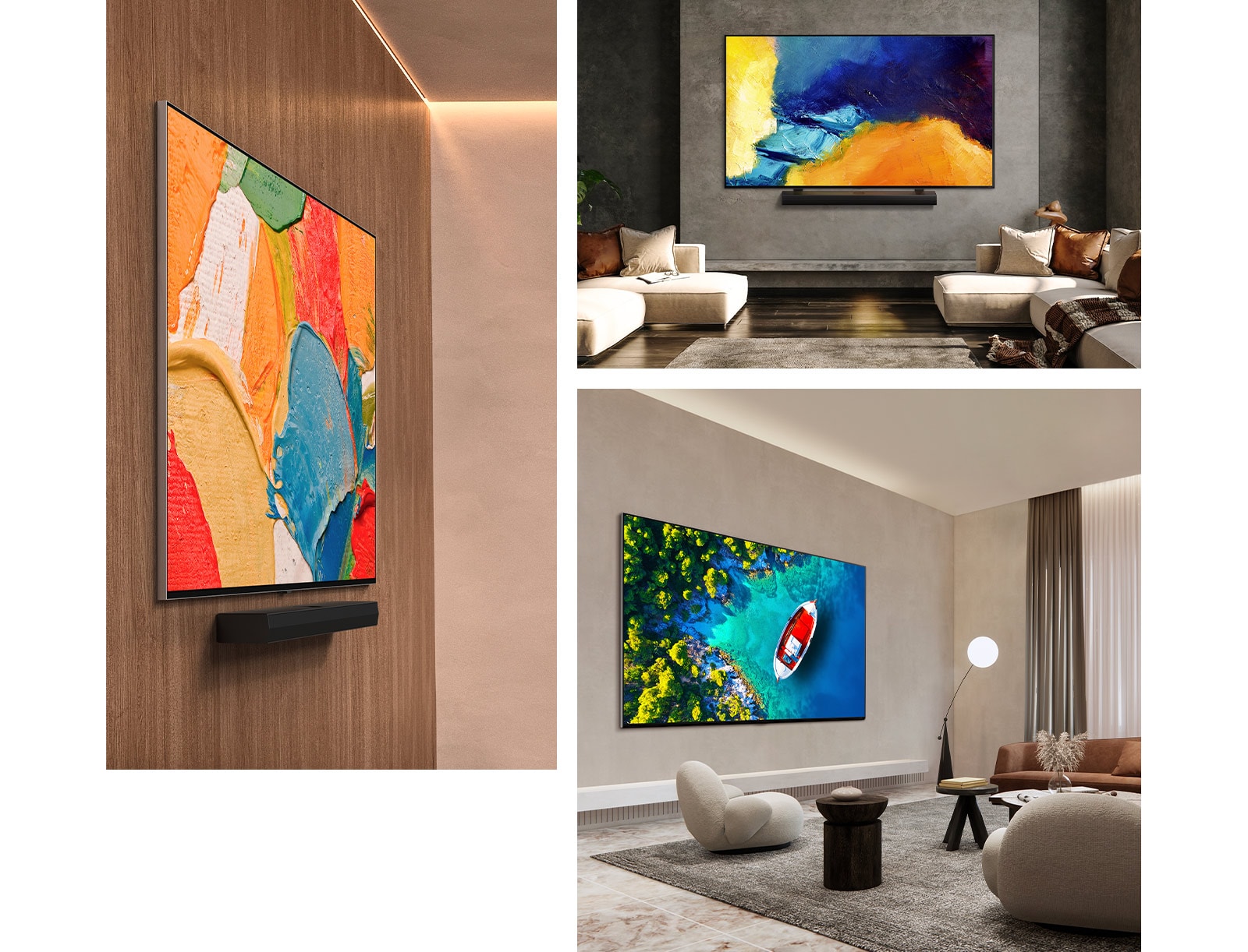 Three images of LG TVs mounted on walls in different living rooms, displaying colorful works of art. The image on left showing LG TV mounted flat against the wooden wall with its paired soundbar. The image on top right shows LG TV mounted with soundbar against the grey wall in wooden floored morden living room displaying colorful works of art on screen. The image on bottom right showing angled view of living room with marbled floor and LG TV mounted against the beige colored wall displaying aerial view of tropical ocean and a boat on it.