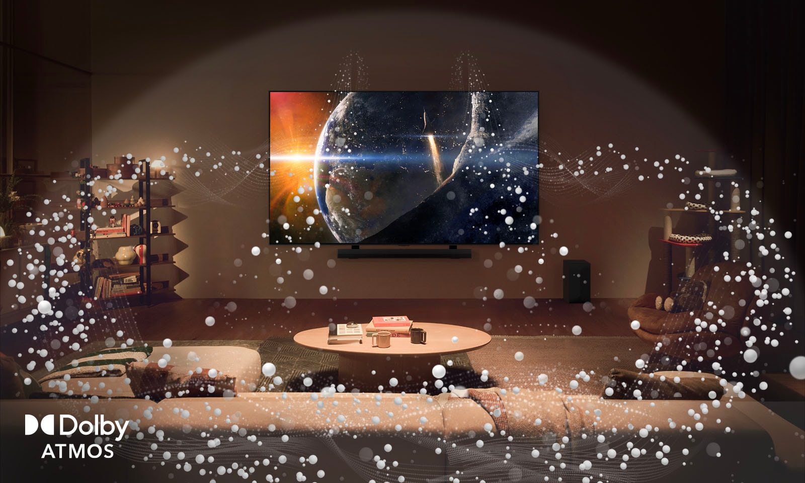 An image of a cozy living room facing front. An opaque, white dome across the room and bright circle graphics surround the room. Dolby atoms logo in the bottom left corner.