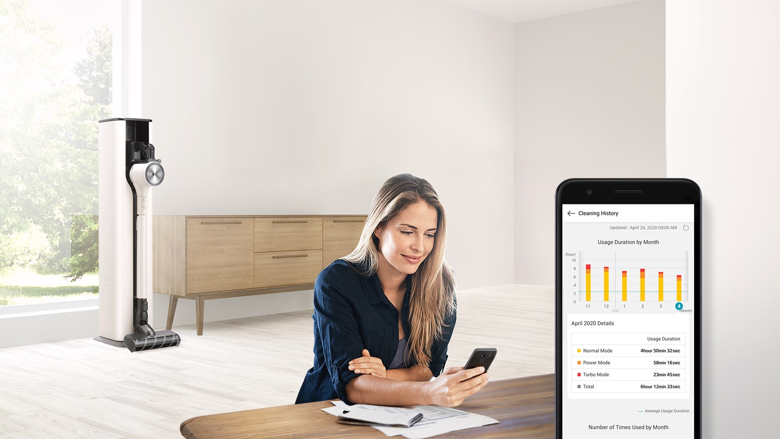 A vacuum cleaner is placed behind it, showing a woman using the ThinQ app on her smartphone.