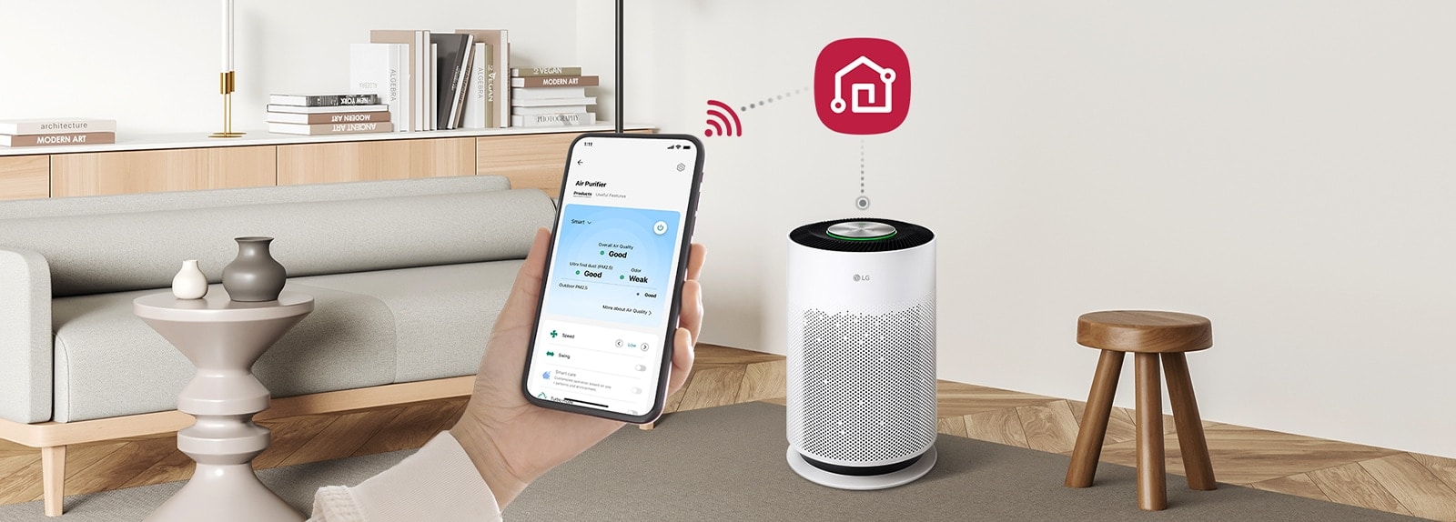 There is a hand holding a cell phone that shows the LG ThinQ app screen on the left, the LG ThinQ logo on the right, and there is a Puricare air purifier under it, it is linked to the cell phone.
