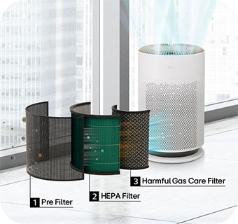 There is a PuriCare air purifier with airflow in front of the window, and three filters are seen filtering dust in front of it.