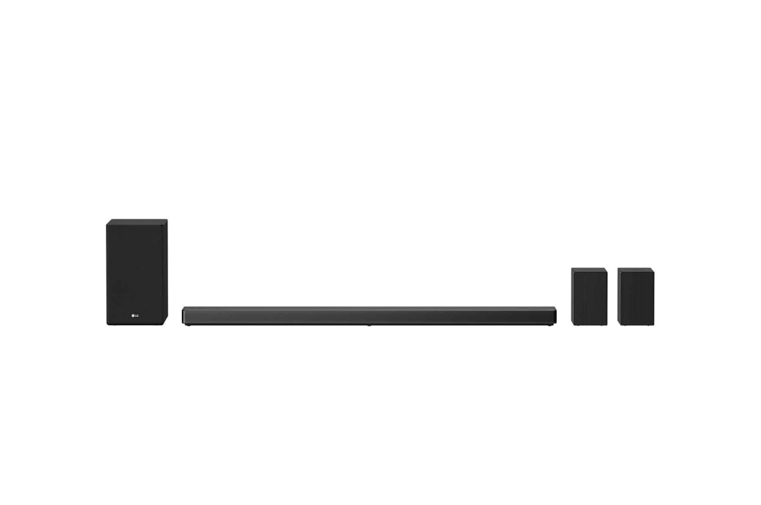 LG SN11R 770W 7.1.4ch Hi-Res Dolby Atmos Sound Bar with Meridian Technology, front view with sub woofer and rear up-firing speaker, SN11R