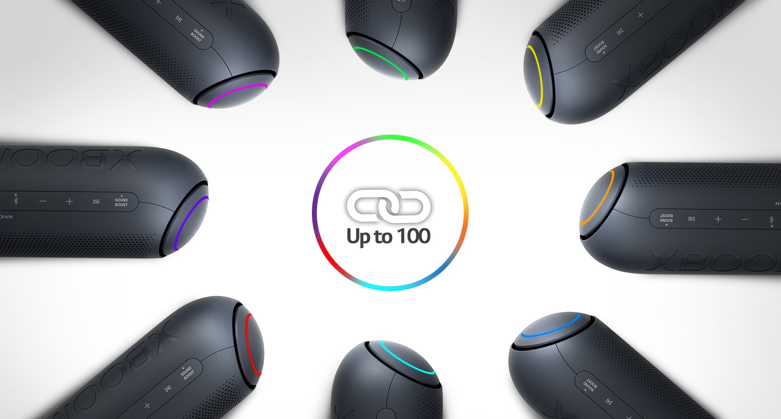 On a white background, eight LG XBOOM Go with various lights are placed in a circle around a link icon.