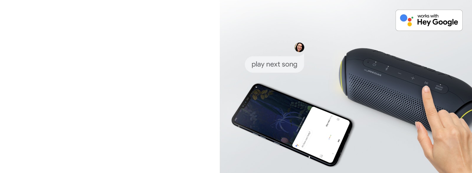 A hand presses a button on LG XBOOM Go. A smartphone is next it. There