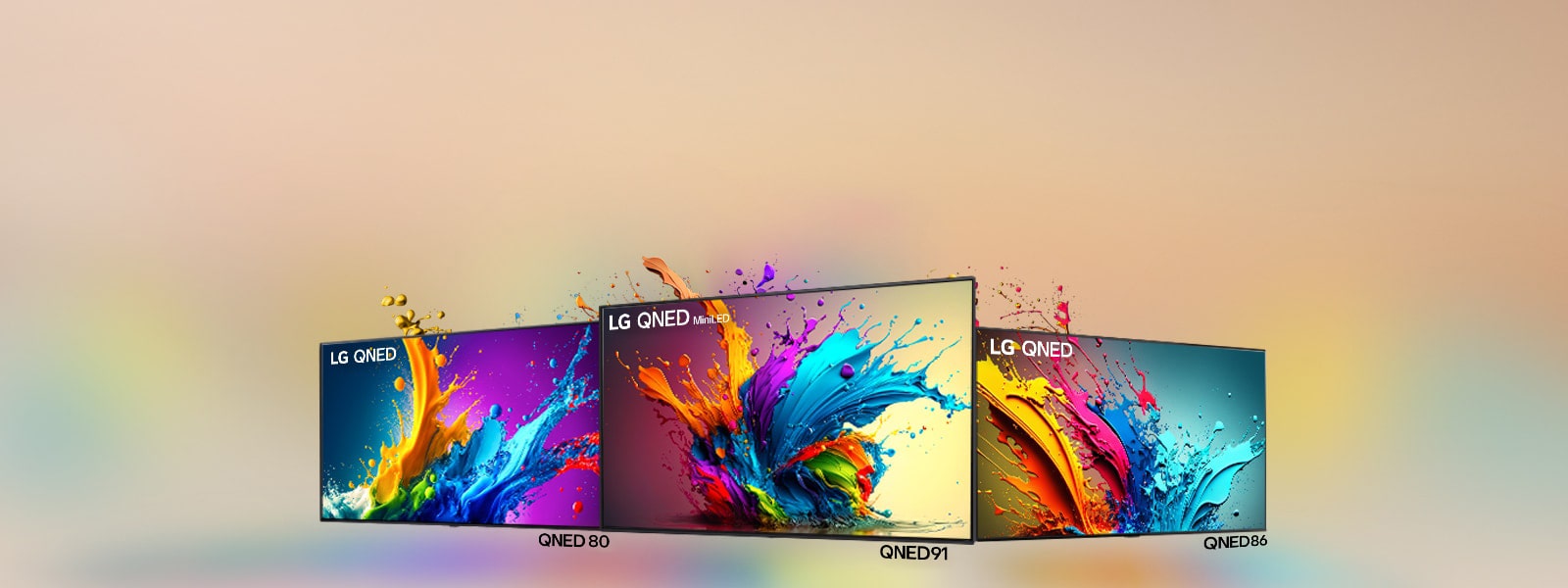 All-New LG QNED Meet the all-new QNED lineup  "LG QNED MiniLED QNED99 LG QNED MiniLED QNED90 LG QNED QNED89 LG QNED QNED80 LG QNED QNED85"  LEARN MORE 2024 LG QNED Lineup Microsite LG QNED 80, QNED 90, QNED 99, QNED 89, and QNED 85 TV standing side by side in an angled line with QNED 99 TV facing forward and the others at a 45 degree angle. Colorful droplets and waves of paint explode out of each screen, and light radiates, casting colorful shadows below.