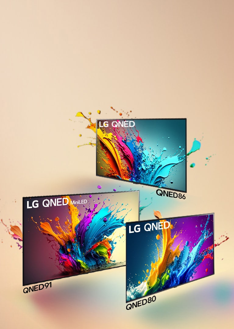 All-New LG QNED Meet the all-new QNED lineup  "LG QNED MiniLED QNED99 LG QNED MiniLED QNED90 LG QNED QNED89 LG QNED QNED80 LG QNED QNED85"  LEARN MORE 2024 LG QNED Lineup Microsite LG QNED 80, QNED 90, QNED 99, QNED 89, and QNED 85 TV standing side by side in an angled line with QNED 99 TV facing forward and the others at a 45 degree angle. Colorful droplets and waves of paint explode out of each screen, and light radiates, casting colorful shadows below.