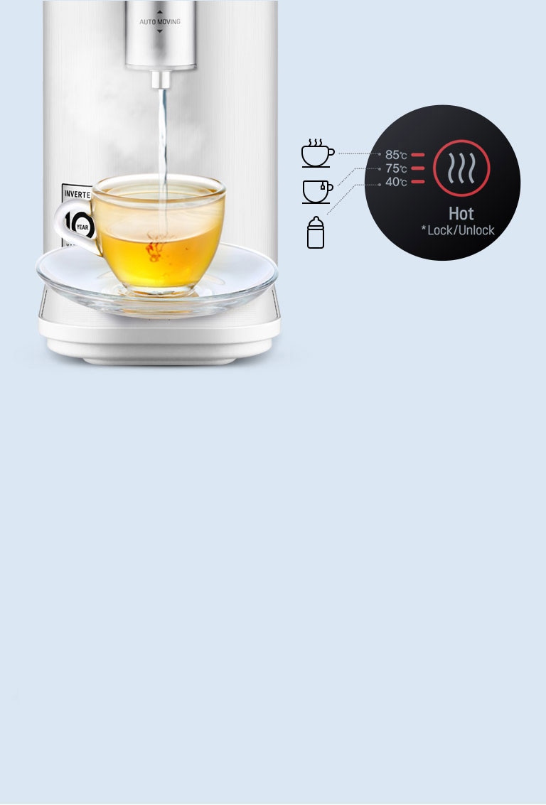 The water purifier fills a cup of tea with water. Below are three icons representing coffee, tea, and a bottle and the temperatures of recommended water to fill them.