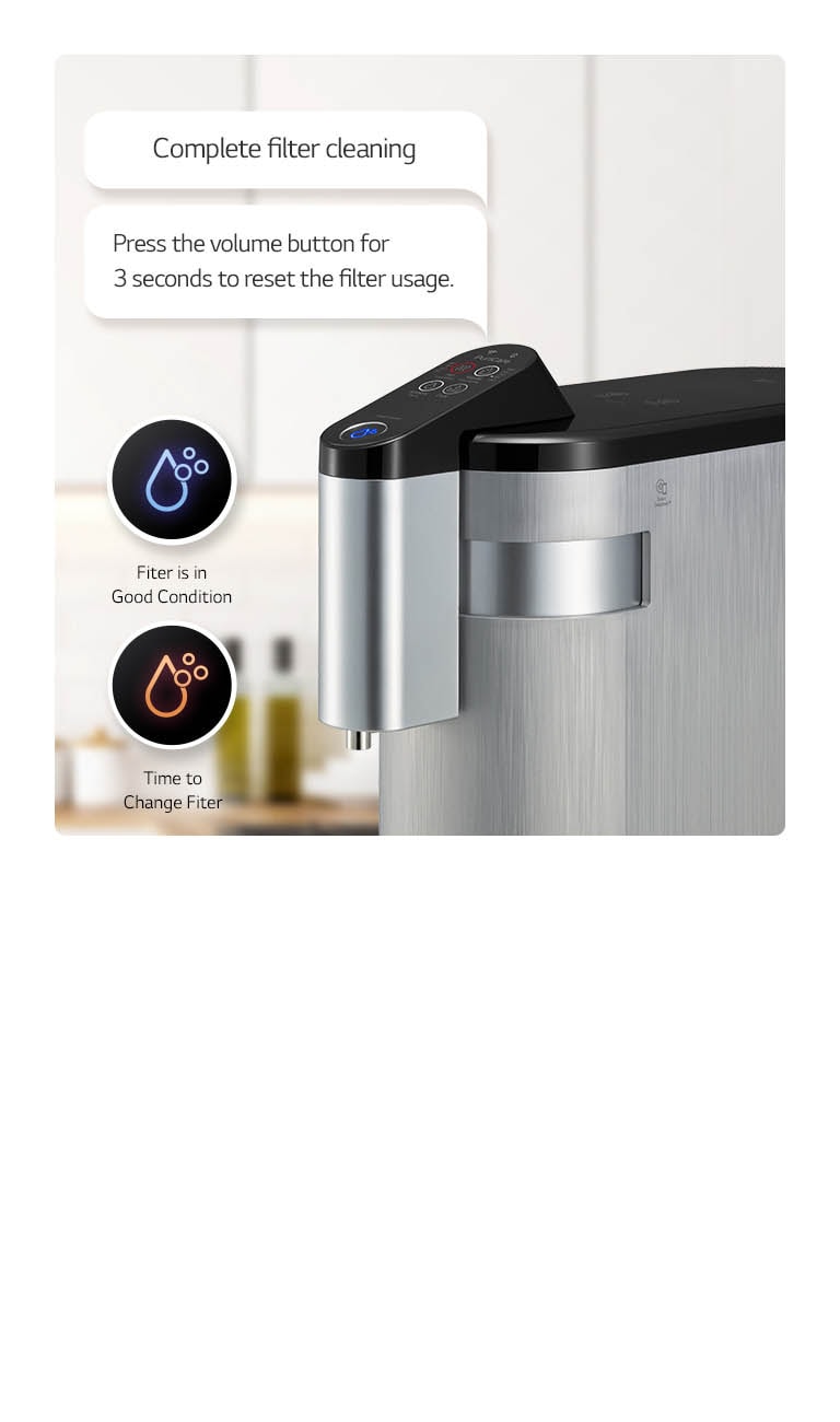 There is a water purifier in what is seen as a kitchen, blue and red icon on the left, and a speech bubble