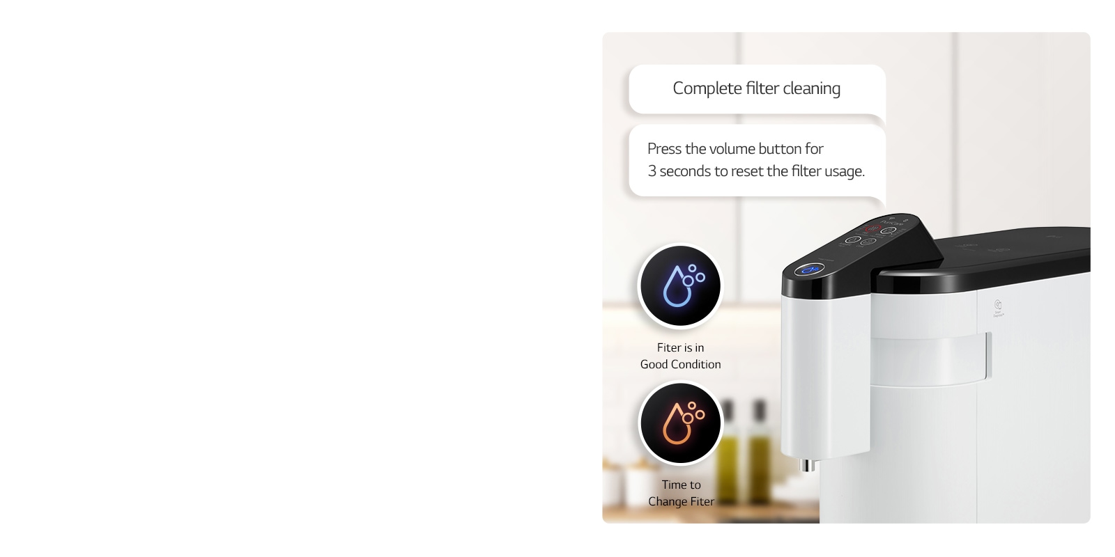 There is a water purifier in what is seen as a kitchen, blue and red icon on the left, and a speech bubble